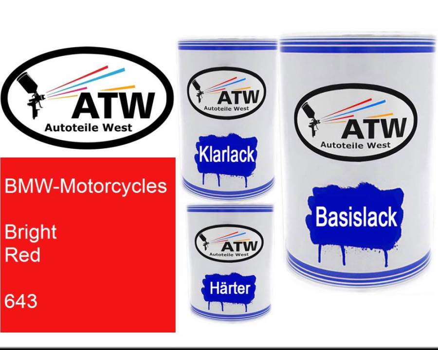 BMW-Motorcycles, Bright Red, 643: 500ml Lackdose + 500ml Klarlack + 250ml Härter - Set, von ATW Autoteile West.